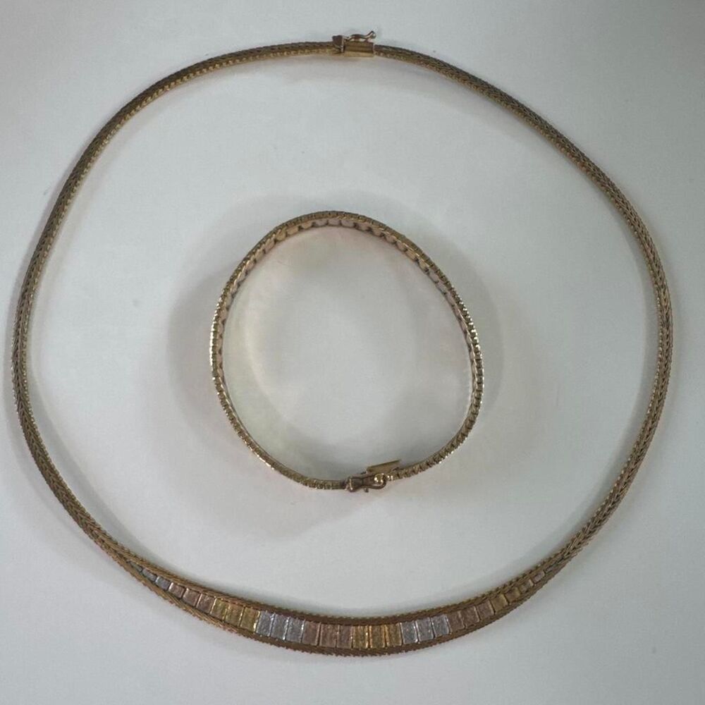 Vintage Italy Tri-Color Gold Over Sterling 925 Silver Necklace & Bracelet Set